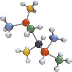 SCHADSTOFF: "Grafische Darstellung einer Molekülkette in 3D-Optik mit farbigen Elementen.