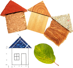 MATERIAL: "Collage von 4 Häusern aus gesundem Material wie Holz und Kork neben grünem Blatt